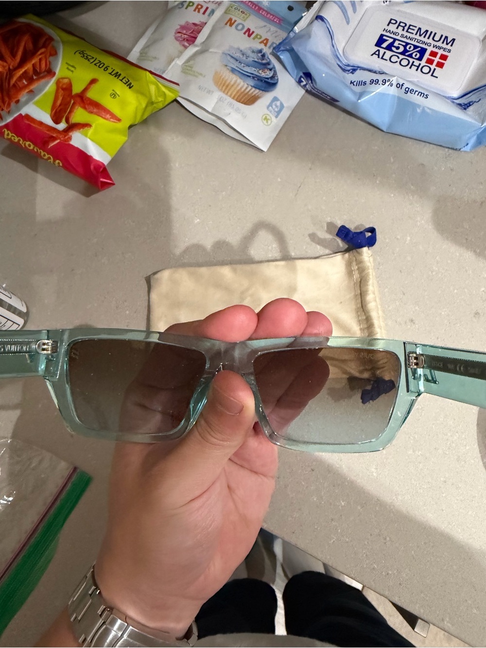 Louis Vuitton Translucent Aqua Square Sunglasses with Silver LV Accent - Picture 3 of 3